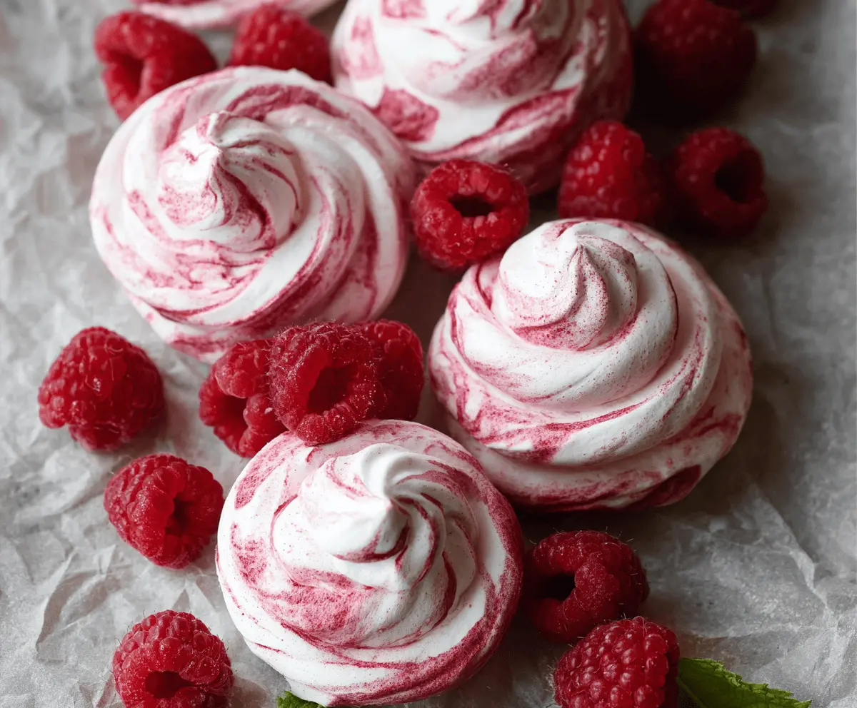 Delicious raspberry meringue cookies topped with fresh raspberries and crispy exteriors