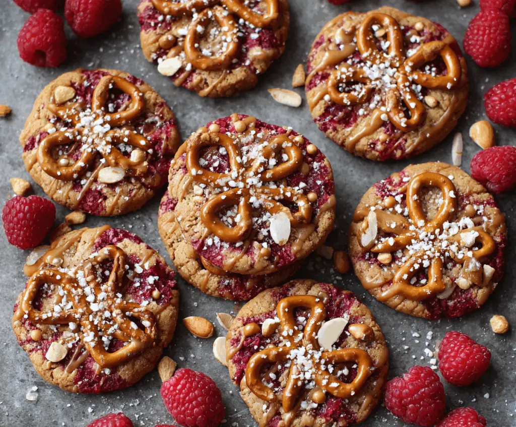 Delicious Raspberry Pretzel Cookies with a crispy, salty bottom and sweet raspberry topping.