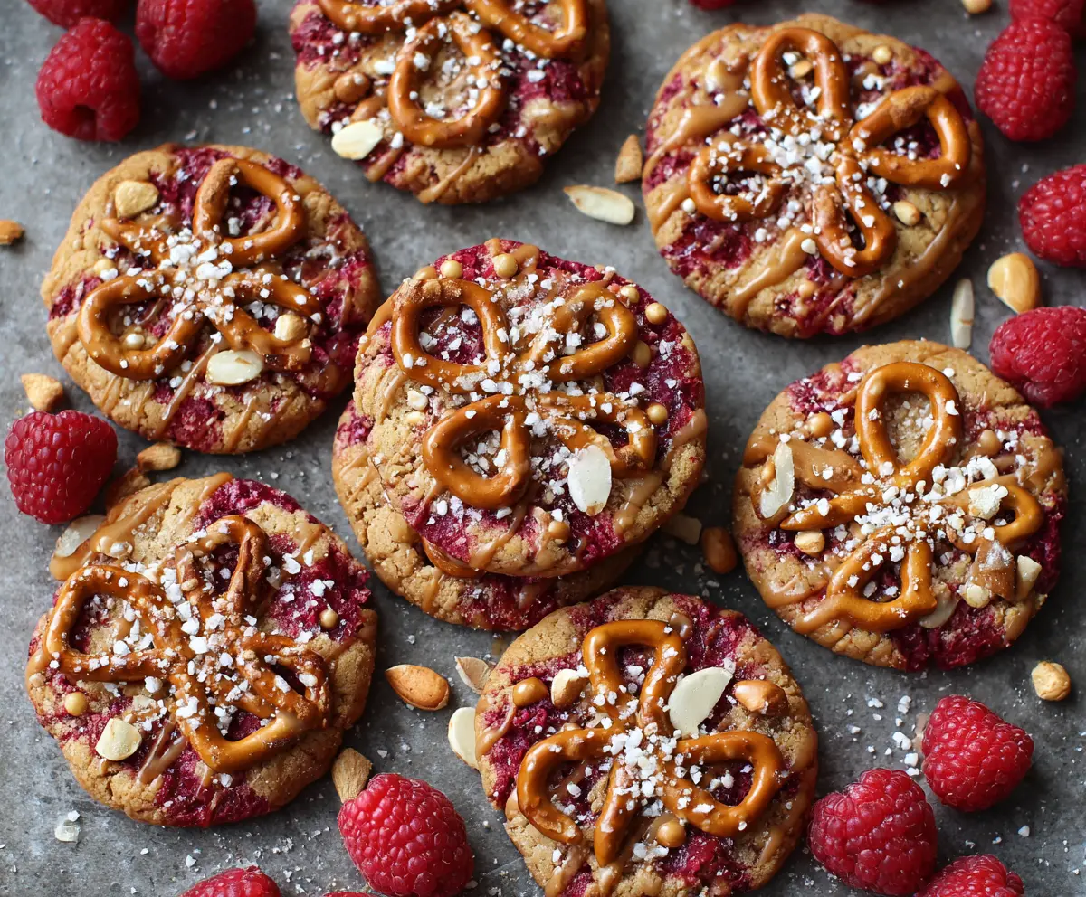 Delicious Raspberry Pretzel Cookies with a crispy, salty bottom and sweet raspberry topping.