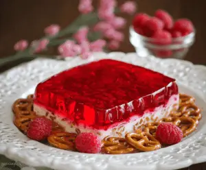 Delicious Raspberry Pretzel Jello dessert featuring a vibrant red berry topping on a layered pretzel crust.