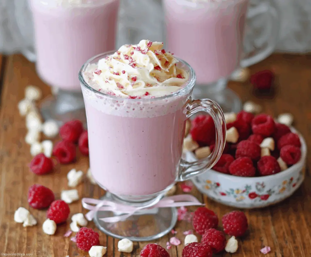 Delicious Raspberry White Hot Chocolate topped with whipped cream and fresh raspberries