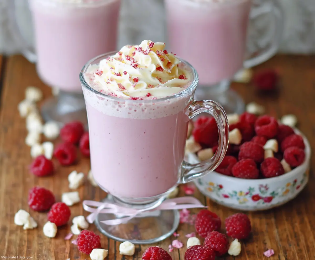 Delicious Raspberry White Hot Chocolate topped with whipped cream and fresh raspberries