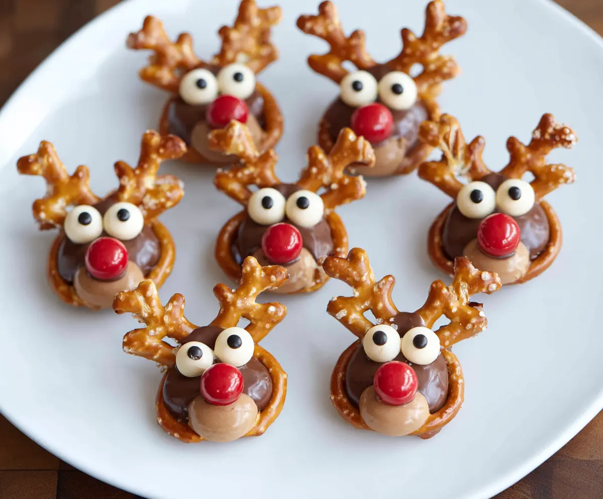 Delicious Reindeer Pretzel Bites with festive holiday decorations and chocolate antlers
