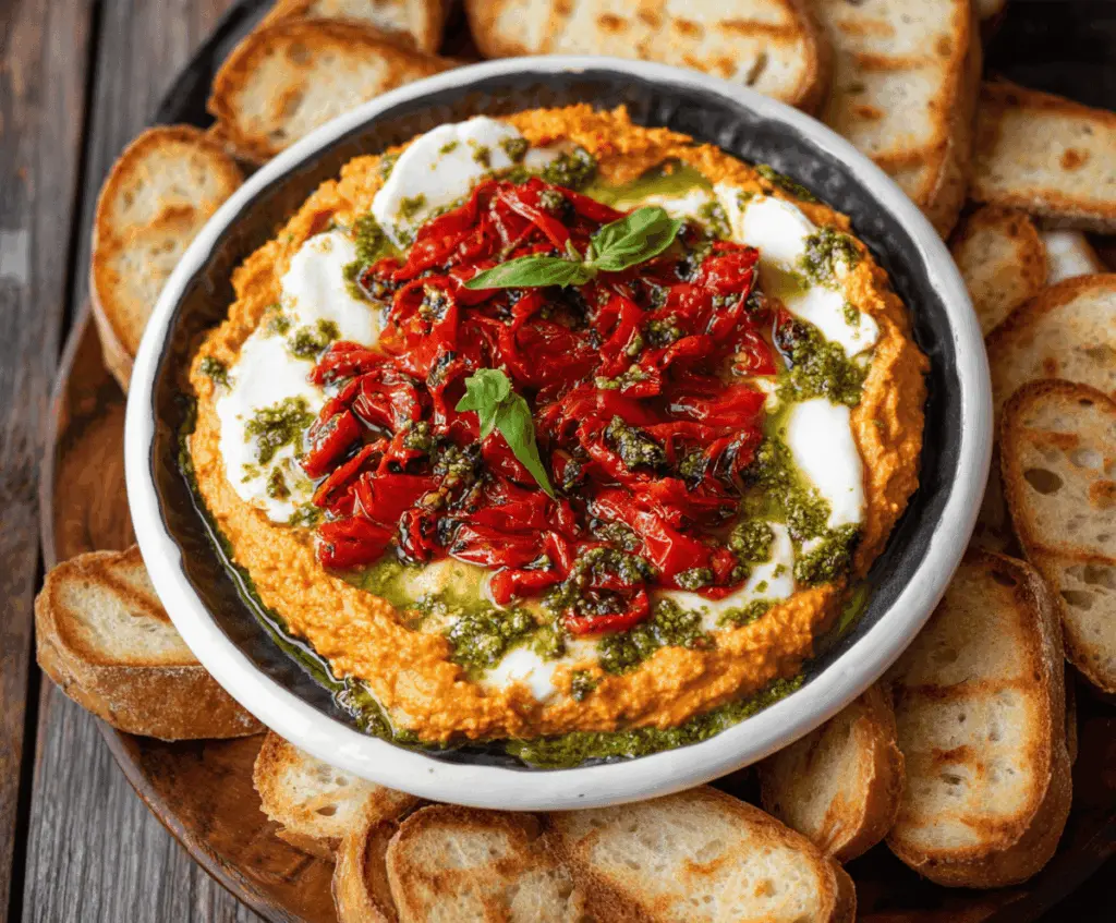 Creamy roasted red pepper and goat cheese pesto dip served with fresh vegetables.