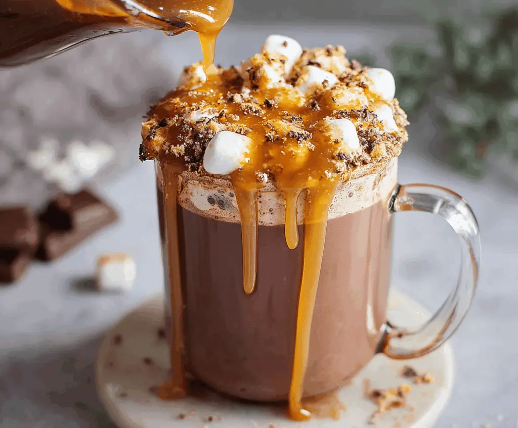 Creamy salted caramel hot chocolate topped with whipped cream and drizzled caramel in a cozy mug.