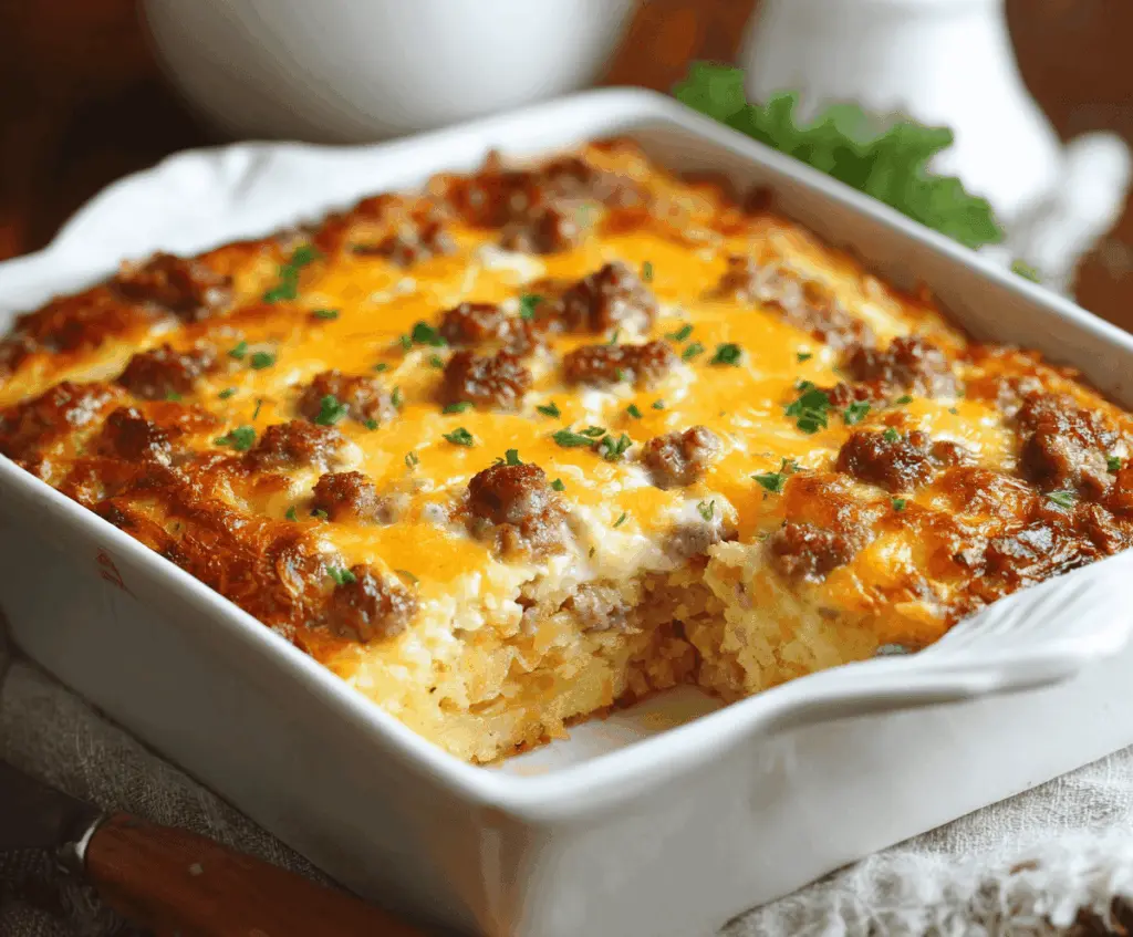 Delicious Sausage Egg Cream Cheese Hashbrown Breakfast Casserole topped with melted cheese and fresh herbs