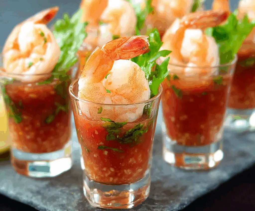Delicious shrimp cocktail shooters served in elegant glasses with cocktail sauce