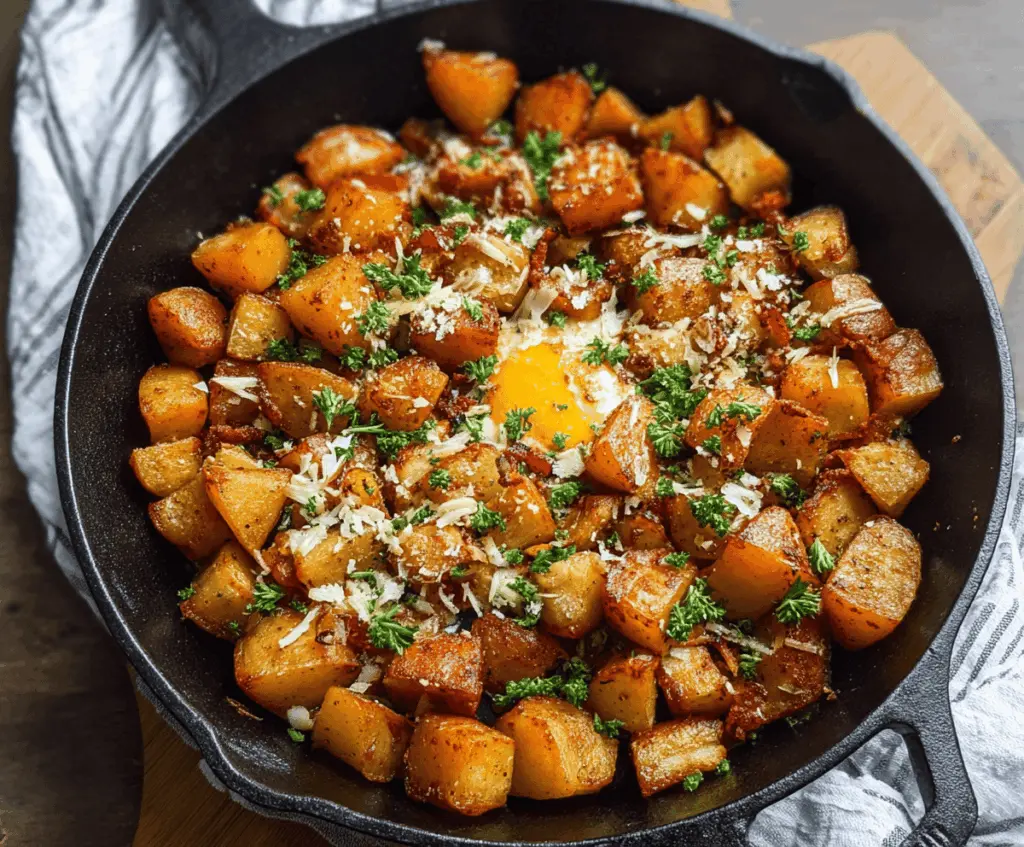 Crispy skillet breakfast potatoes served with fresh herbs and seasoning