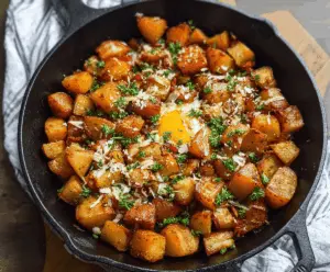 Crispy skillet breakfast potatoes served with fresh herbs and seasoning