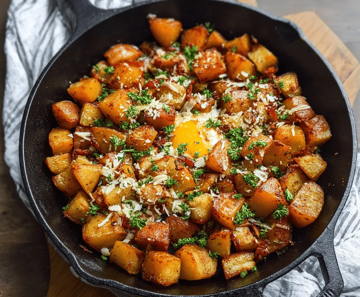 Crispy skillet breakfast potatoes served with fresh herbs and seasoning