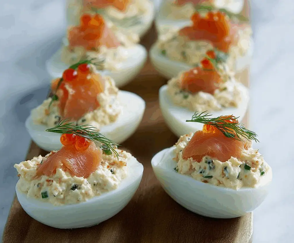 Delicious smoked salmon stuffed eggs on a white platter, garnished with fresh herbs, perfect for appetizers.