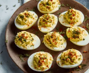 Delicious Southern-style deviled eggs garnished with paprika and fresh herbs.