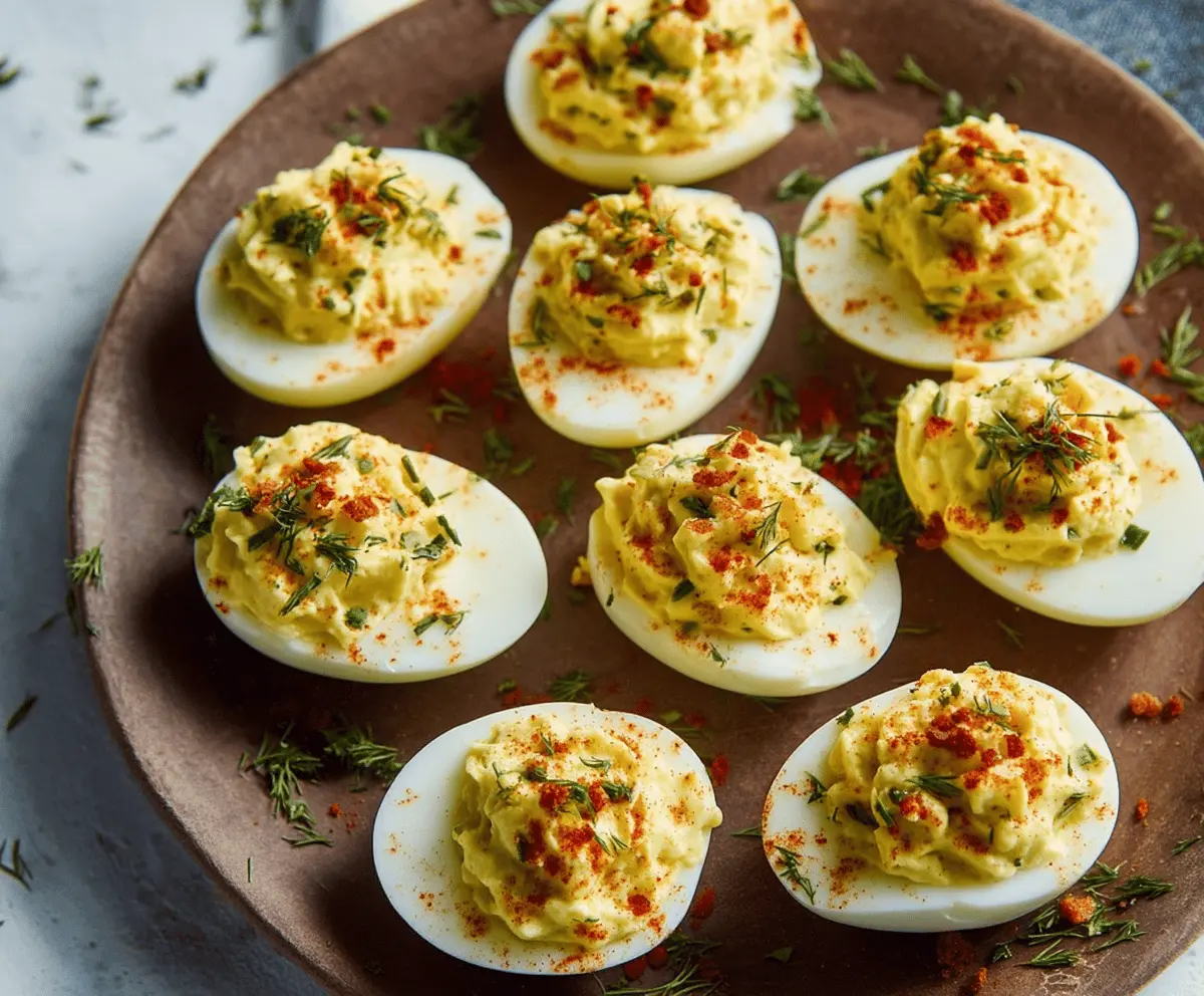 Delicious Southern-style deviled eggs garnished with paprika and fresh herbs.