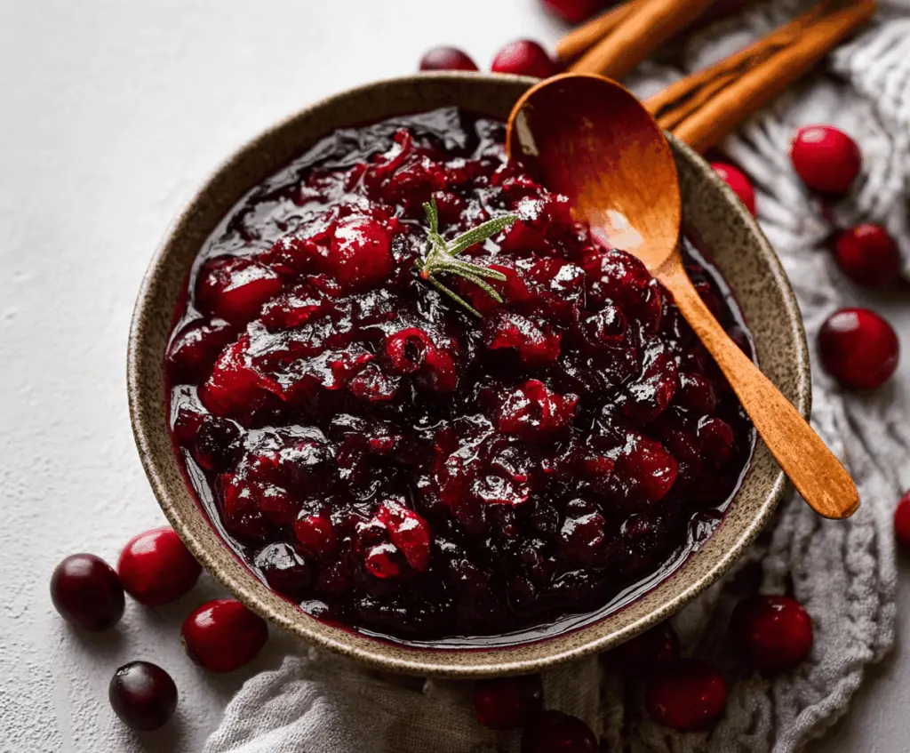 Delicious homemade spiced cranberry sauce with cinnamon and cloves for holiday meals
