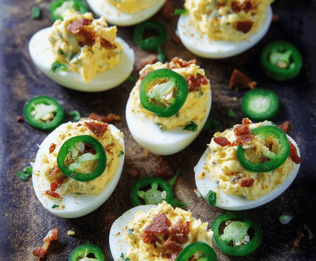Delicious spicy jalapeño popper deviled eggs garnished with herbs and cheese.