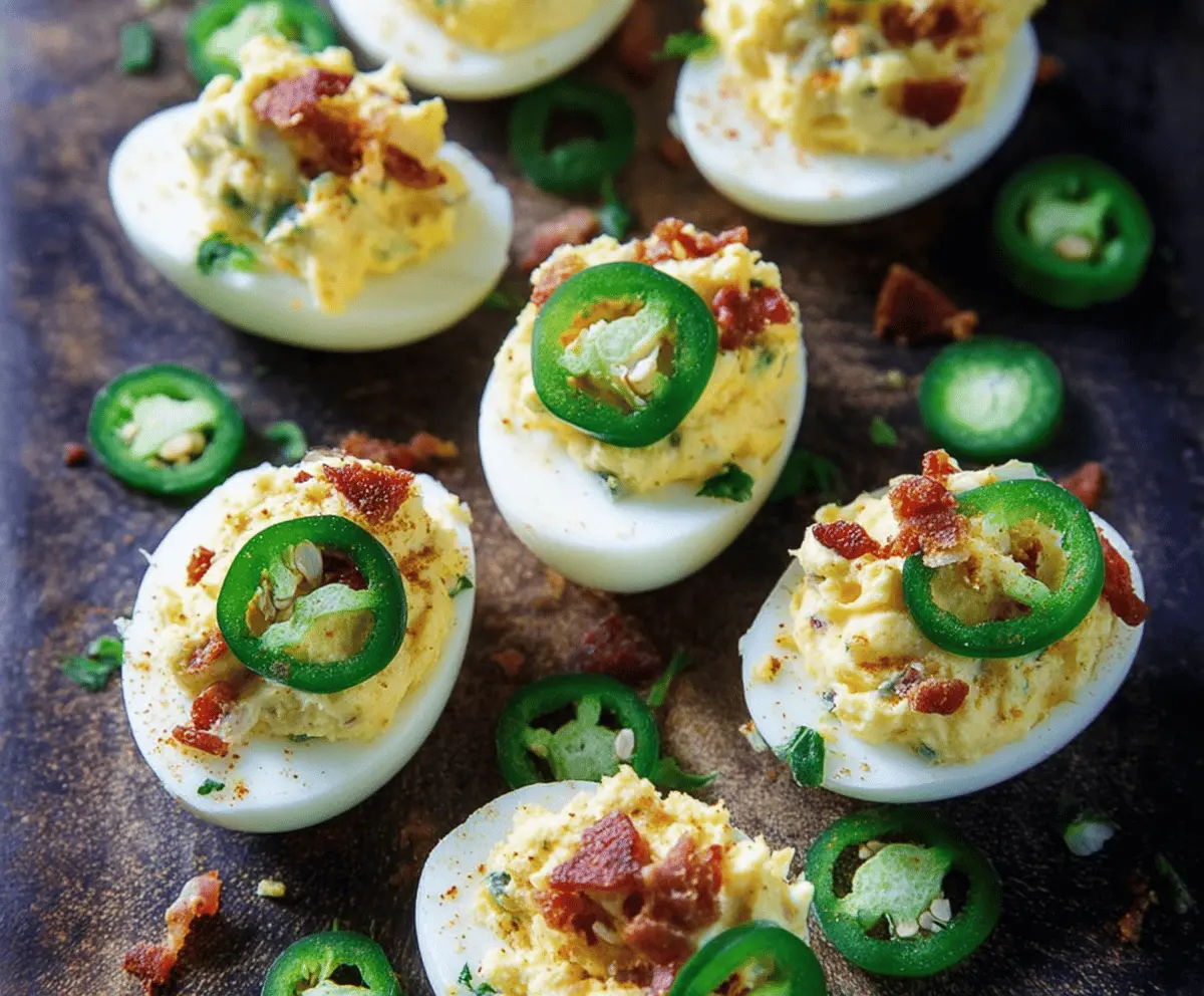 Delicious spicy jalapeño popper deviled eggs garnished with herbs and cheese.
