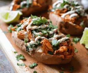 Baked stuffed sweet potato with tender chicken and fresh herbs for a nutritious meal