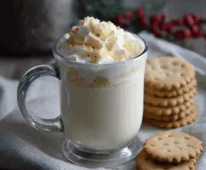 Creamy Sugar Cookie White Hot Chocolate in a mug with whipped cream and sprinkles ready to enjoy.