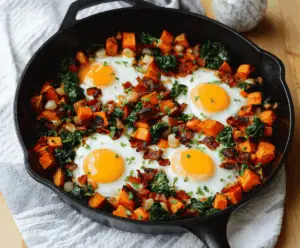Colorful sweet potato breakfast hash with eggs and fresh herbs in a skillet.