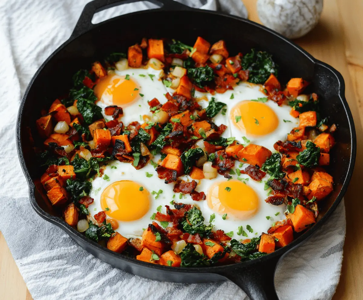 Colorful sweet potato breakfast hash with eggs and fresh herbs in a skillet.