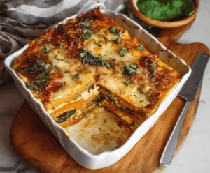 Delicious sweet potato and spinach lasagna with layers of melted cheese and fresh greens