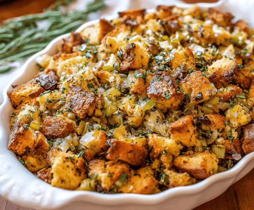 Delicious traditional Thanksgiving stuffing with herbs and bread cubes served on a festive table