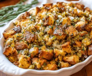Delicious traditional Thanksgiving stuffing with herbs and bread cubes served on a festive table