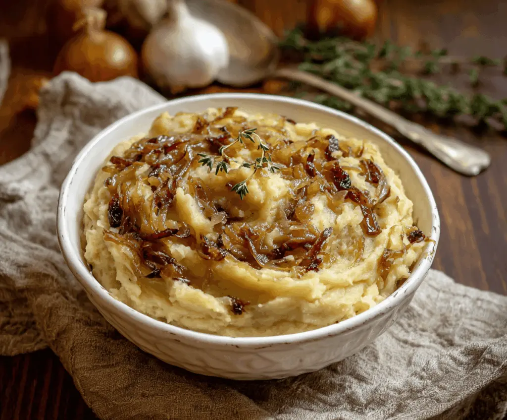 Creamy vegan caramelized onion mashed potatoes served as a delicious plant-based side dish.