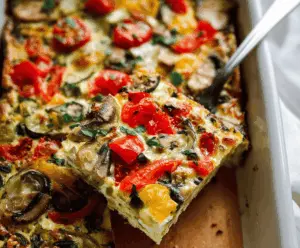Delicious veggie-packed breakfast casserole with colorful vegetables and eggs, perfect for a healthy morning meal.