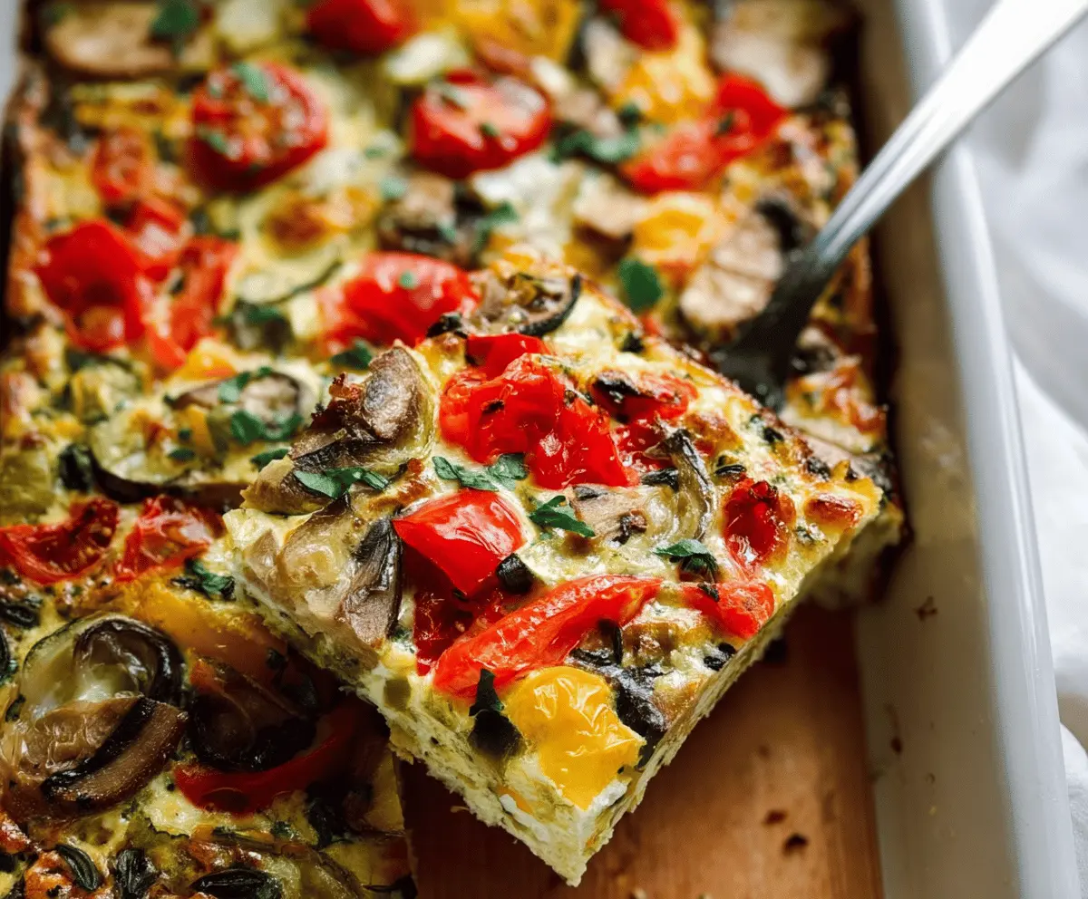 Delicious veggie-packed breakfast casserole with colorful vegetables and eggs, perfect for a healthy morning meal.