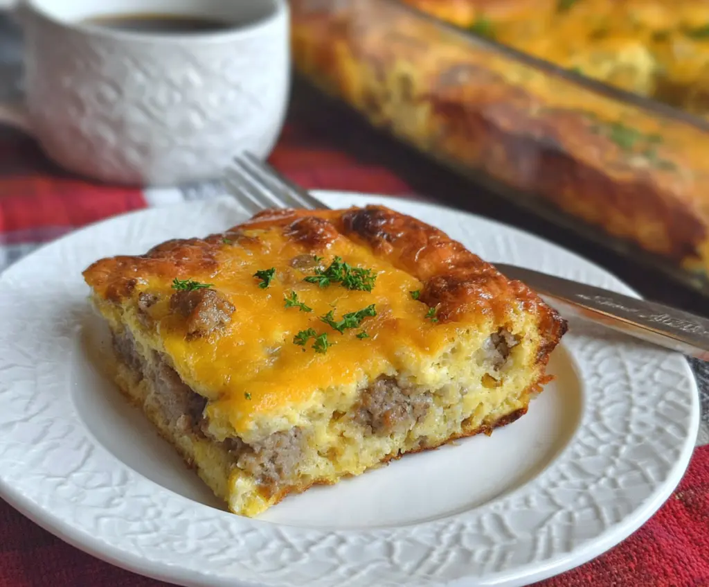 Delicious 4 Ingredient Sausage Breakfast Casserole in a baking dish, perfect for a hearty morning meal.