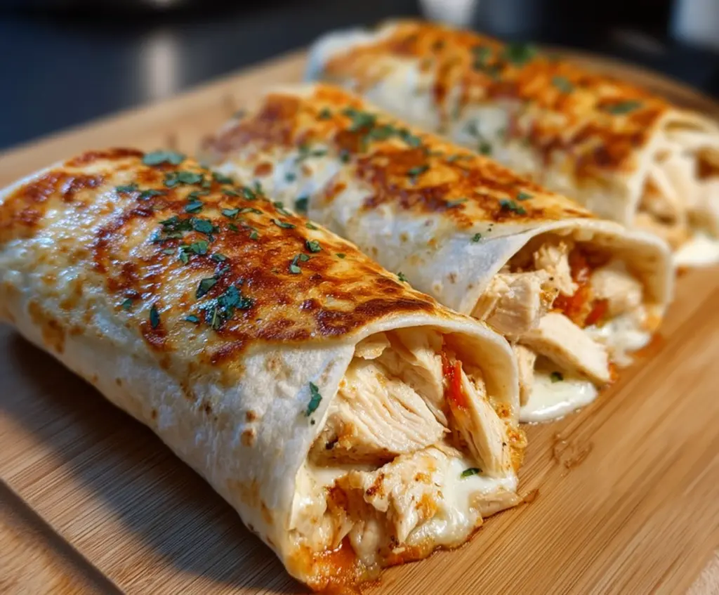 Delicious air fryer chicken and mozzarella wraps ready to serve, featuring golden-brown chicken and melted mozzarella cheese.