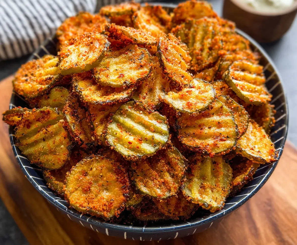 Crispy Air Fryer Spicy Dill Pickle Chips with a golden-brown crust served on a plate.