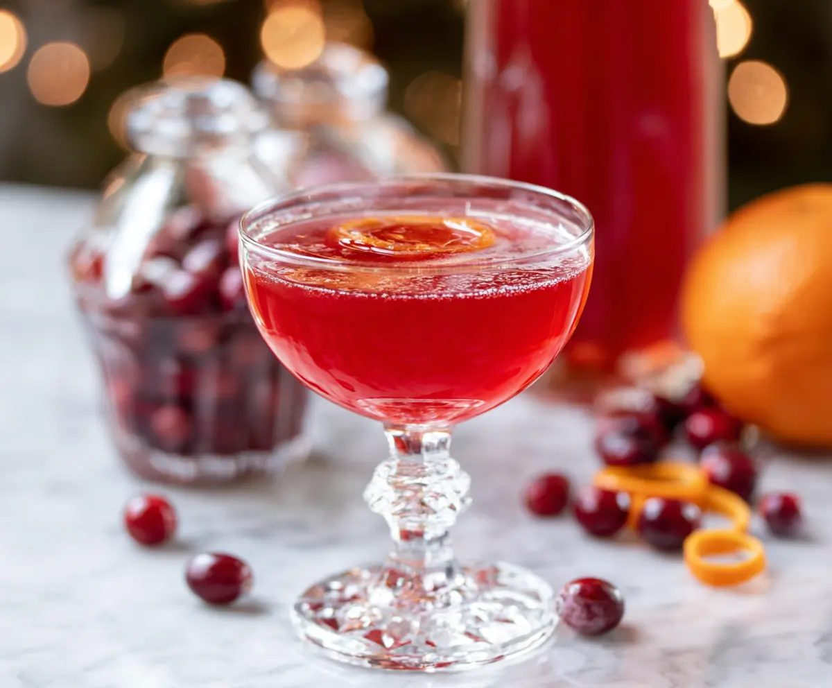 Amaretto Cranberry Kiss cocktail in a glass with fresh cranberries and mint garnish, perfect for holiday celebrations.