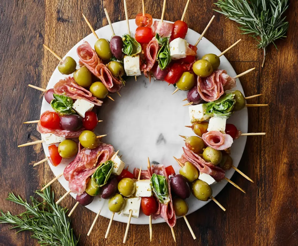 Colorful antipasto wreath skewers with cured meats, cheeses, and vegetables arranged in a festive circular presentation.
