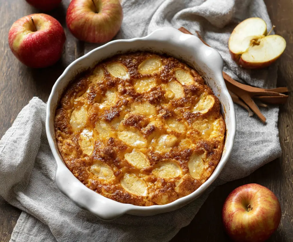 Delicious Apple Cinnamon Cottage Cheese Bake in a baking dish, topped with cinnamon and apple slices.