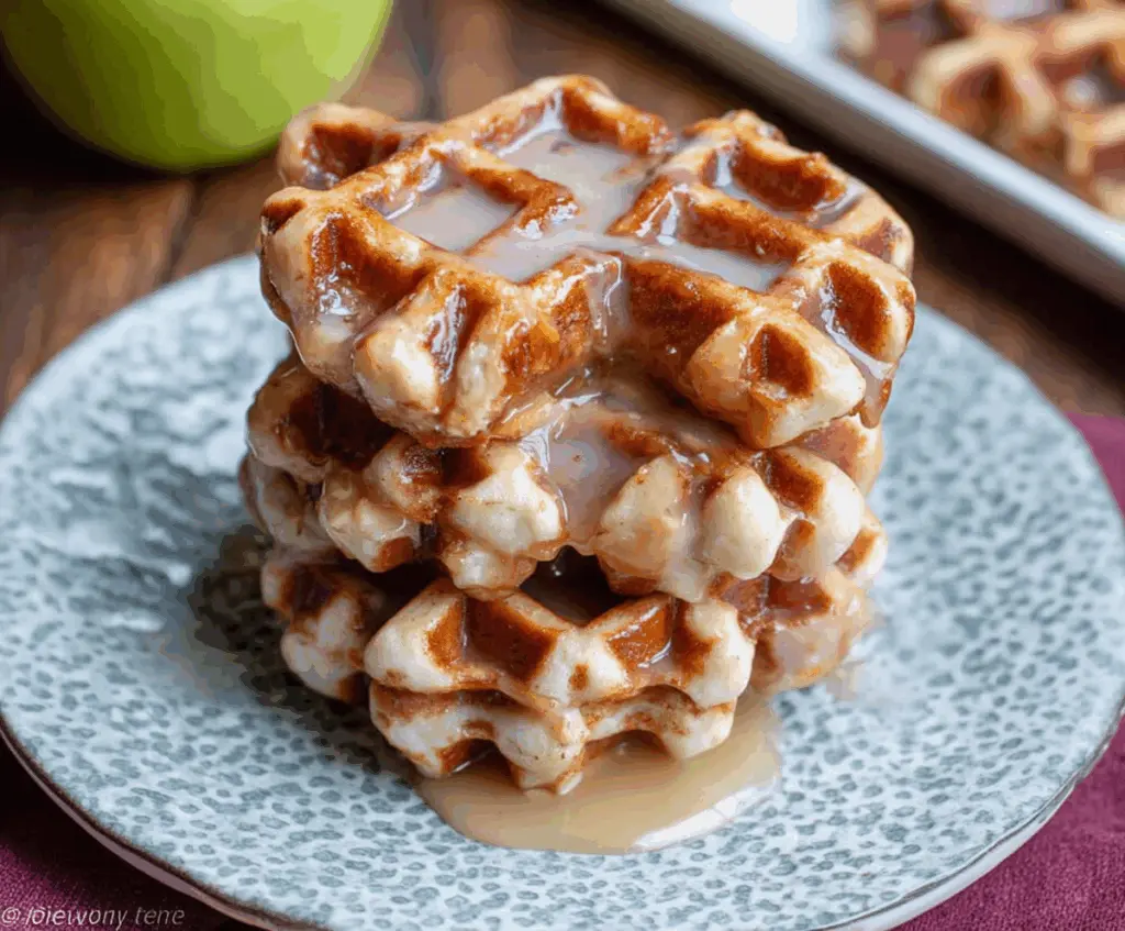 Delicious Apple Fritter Waffle Donuts topped with fresh apple slices and cinnamon sugar.