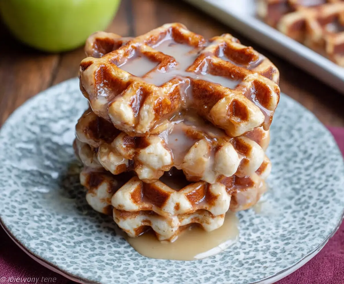 Delicious Apple Fritter Waffle Donuts topped with fresh apple slices and cinnamon sugar.