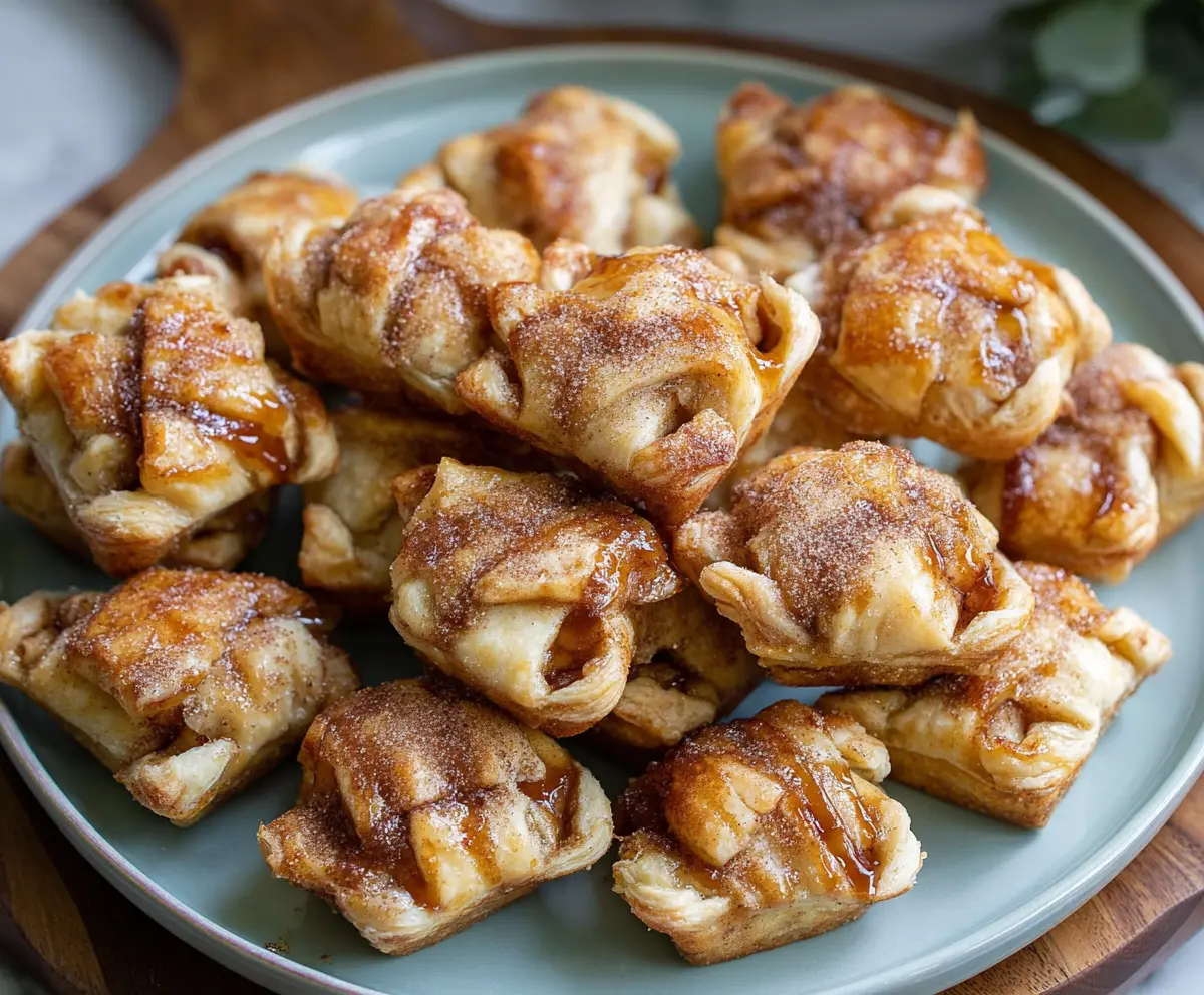 Delicious apple pie bites with flaky crust and warm cinnamon filling served on a plate.