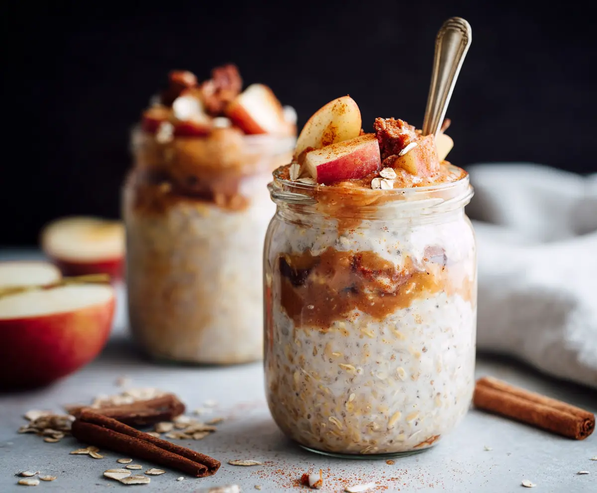 Creamy apple pie overnight oats topped with cinnamon and fresh apple slices for a delicious breakfast.
