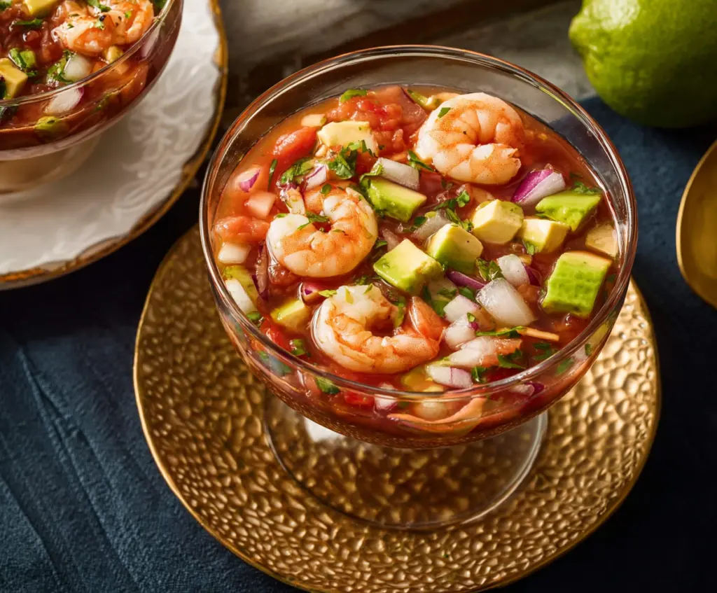 Delicious authentic Mexican shrimp cocktail served in a glass bowl with fresh lime and cilantro garnish