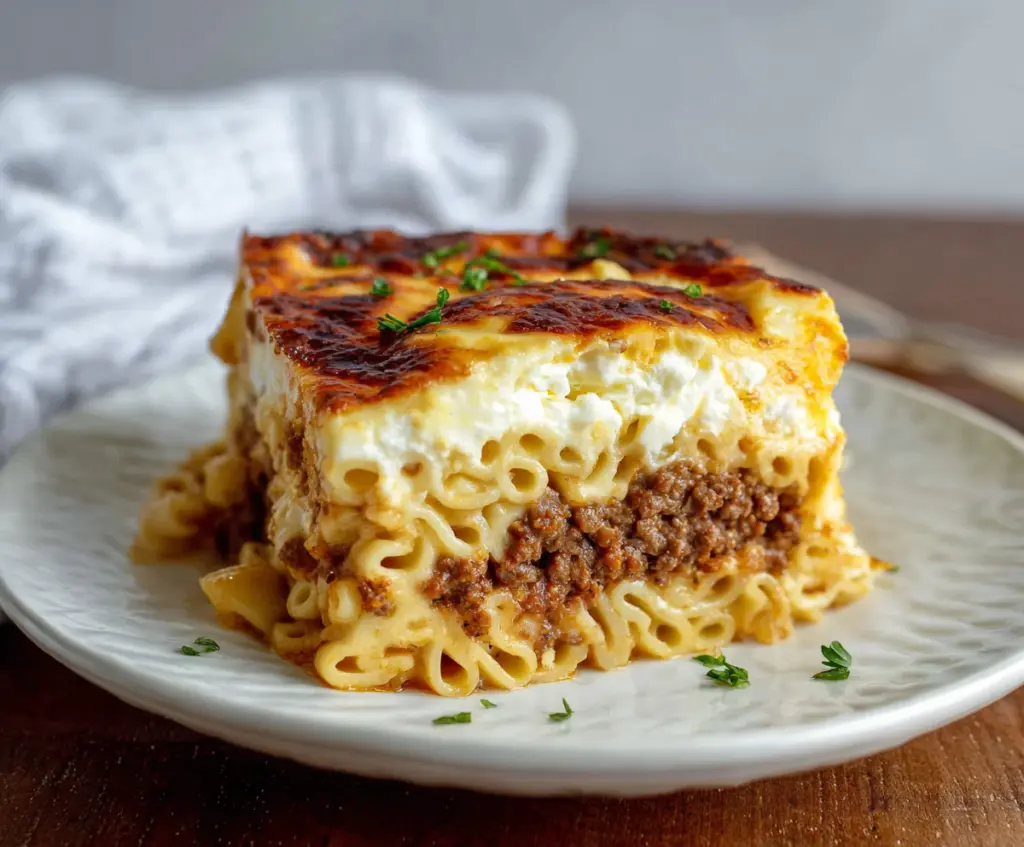 Delicious authentic Pastitsio Greek lasagna layered with rich meat sauce and creamy béchamel topping.