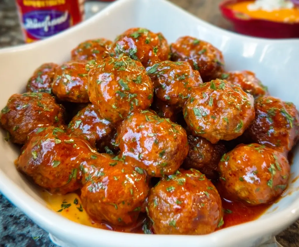 Delicious meatballs covered in flavorful Awesome Sauce, perfect for a tasty appetizer or dinner.