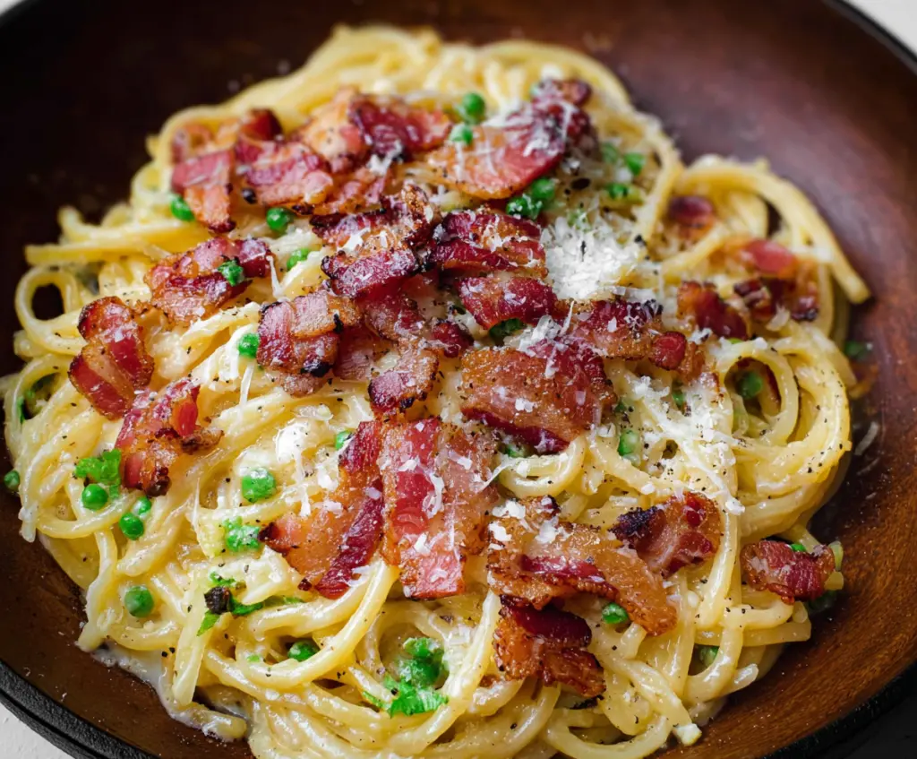 Delicious bacon carbonara pasta dish with creamy sauce and crispy bacon pieces