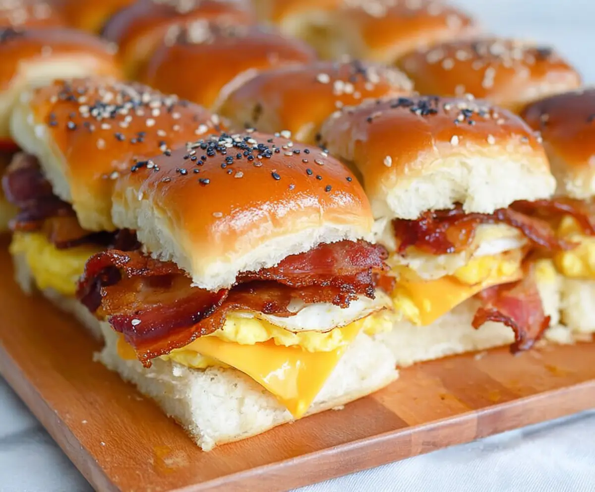 Delicious bacon, egg, and cheese breakfast sliders arranged on a plate, perfect for morning brunch.