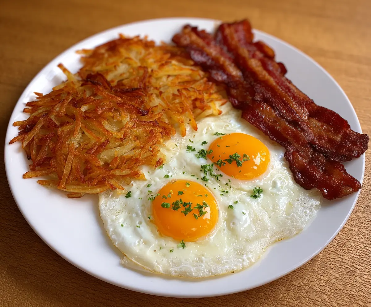 Delicious bacon, egg, and hash browns breakfast plate with crispy hash browns and sunny-side-up eggs