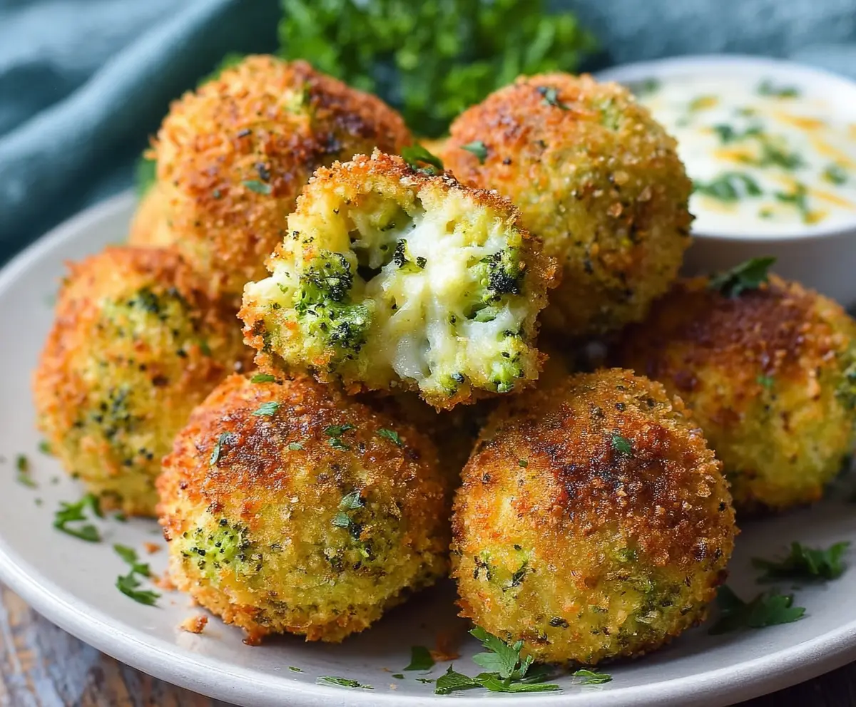 Delicious baked broccoli cheese balls on a plate, perfect for a healthy snack or appetizer.