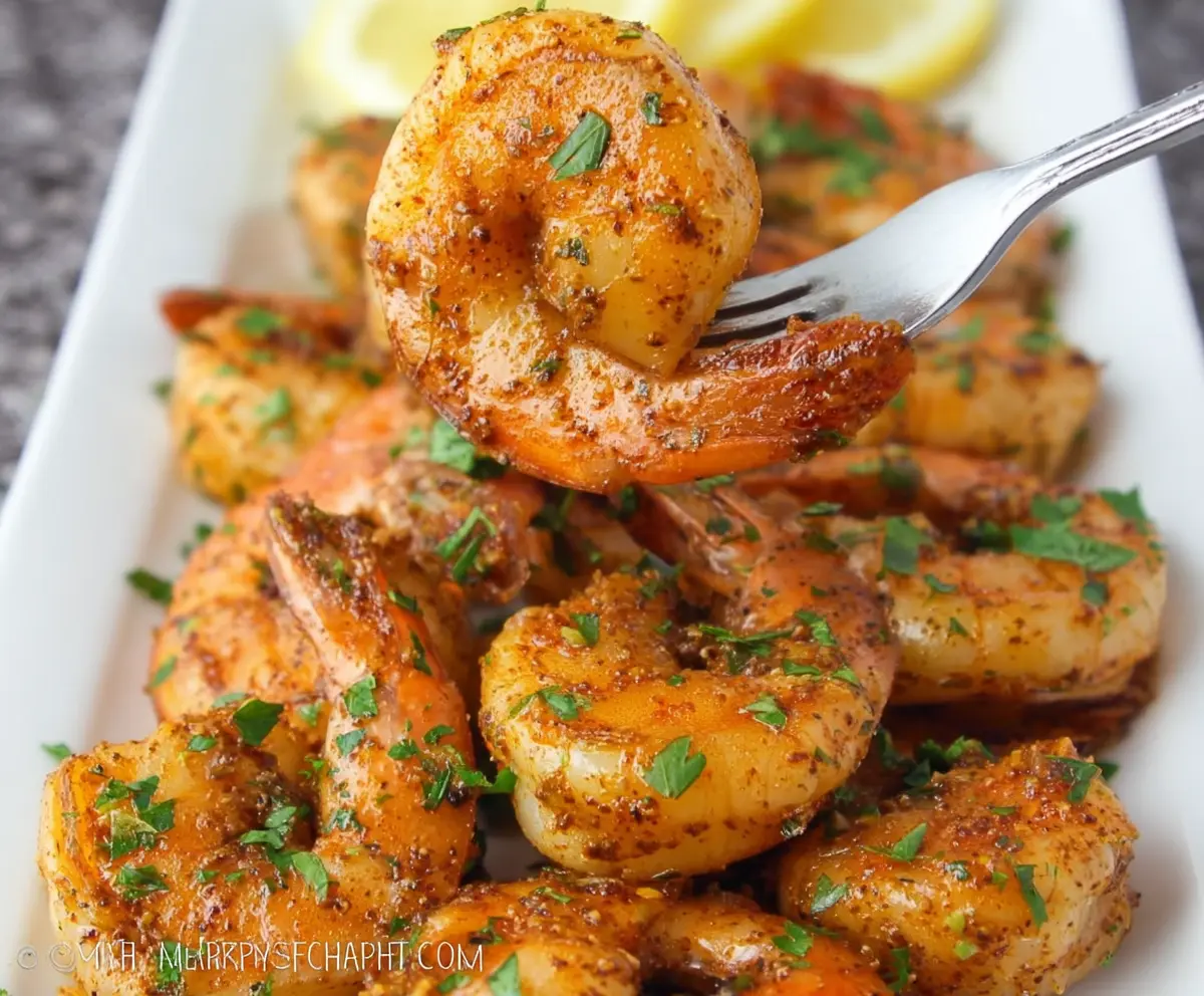 Delicious baked Cajun shrimp served with lemon and fresh herbs on a white plate.