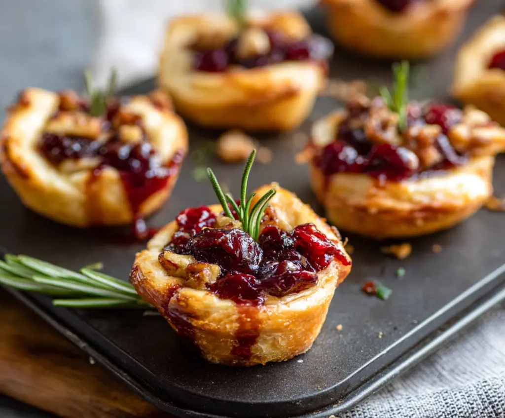 Delicious baked cranberry brie bites garnished with fresh herbs, perfect for festive gatherings.