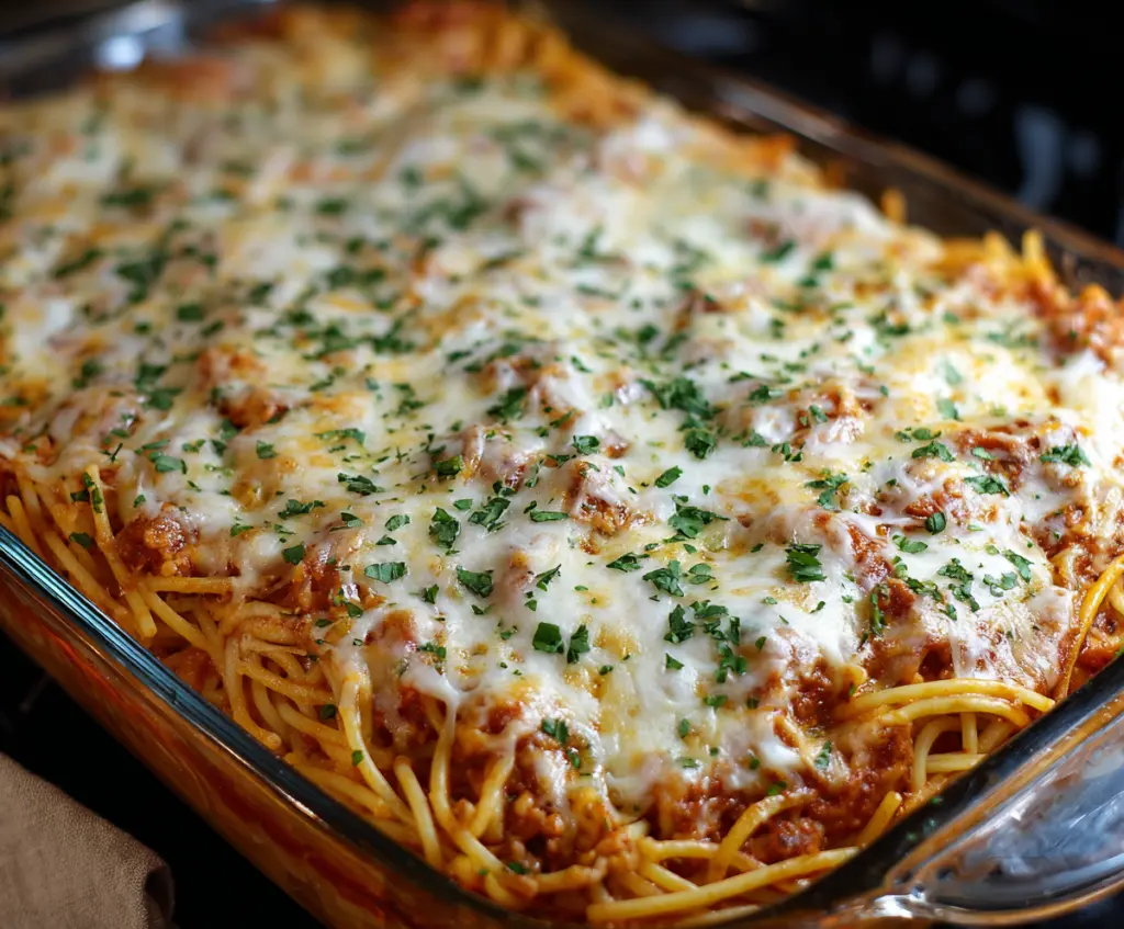 Cream cheese baked spaghetti casserole with melted cheese and pasta, perfect for dinner.